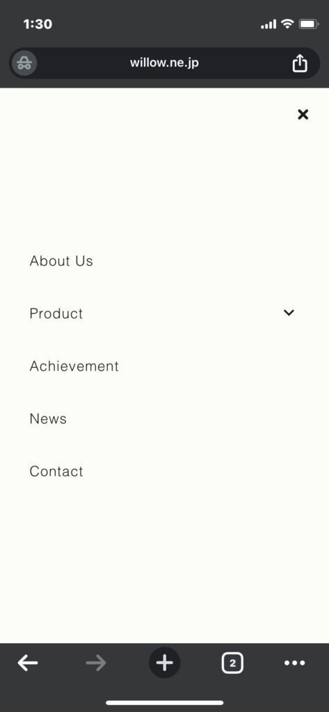 Willowホームページ　グローバルナビゲーション　モバイル